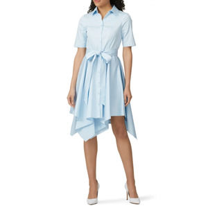 Badgley Mischka Sky Blue Shirt Dress 14 Button Front Asymmetrical Hem Belted